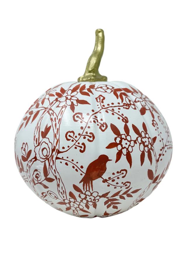 Red & White Bird & Vine Pumpkin