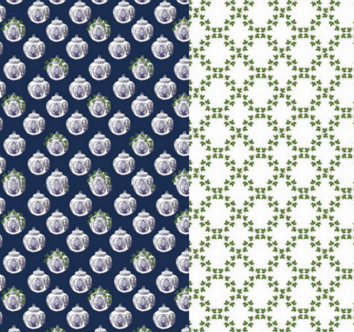 Reversible Navy Ginger Jar and Green Trellis Gift Wrap