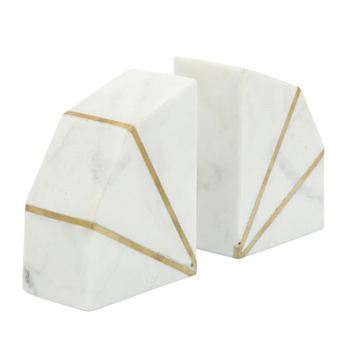 White Marble Bookends with Gold Inlay 